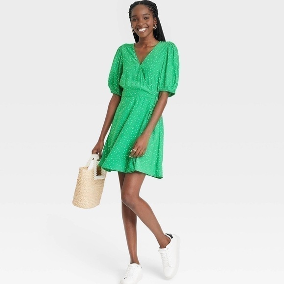 A New Day Green Mini Wrap Dress Size M NWT - Picture 1 of 8